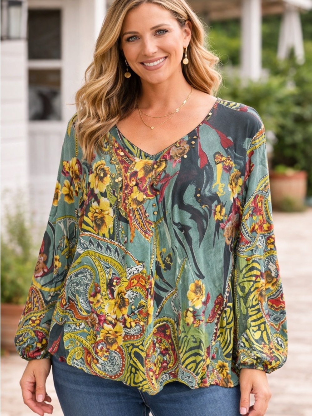 Signature Teal Green Floral Paisley V-Neck Blouse